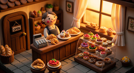 Charming bakery owner greets customers with delightful pastries and fresh bread on a warm, inviting day