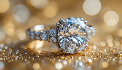 Detailed macro photography of a brilliant diamond ring on a golden background, shimmering with premium craftsmanship and elegance.