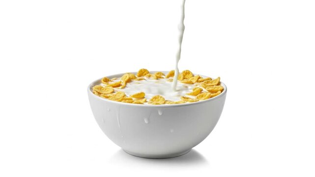 A white bowl holds golden cereal flakes as white milk pours in with drips on the bowls exterior set against a stark white background