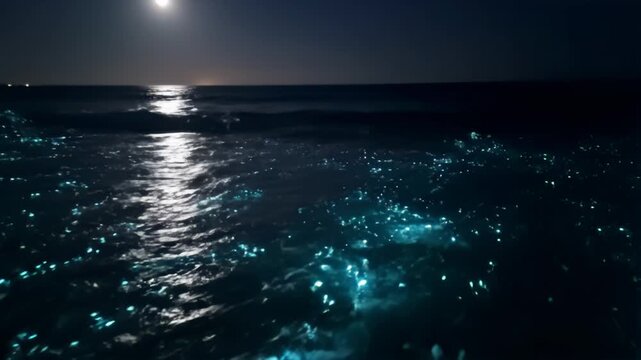 Bioluminescent algae bloom sparkling under surf