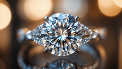 Macro shot of a glamorous diamond ring with a flawless cut, shining with dazzling reflections, symbolizing beauty and sophistication.