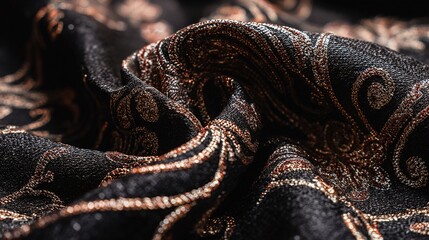 Obraz premium Luxurious black fabric with gold floral embroidery, elegant abstract texture. Opulence and sophistication in intricate design.