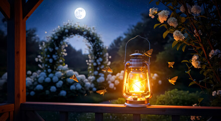 Moths Flying Around Lamp on Railing of Gazebo, Night Garden with Moon in Background 