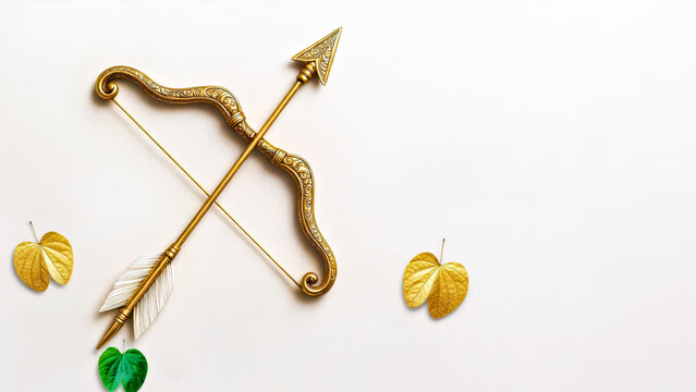 Flat Lay of Golden Bow and Arrow and Apta Leaves with Copy Space 