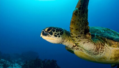 Obraz premium A sea turtle gracefully glides through the vibrant blue ocean depths.