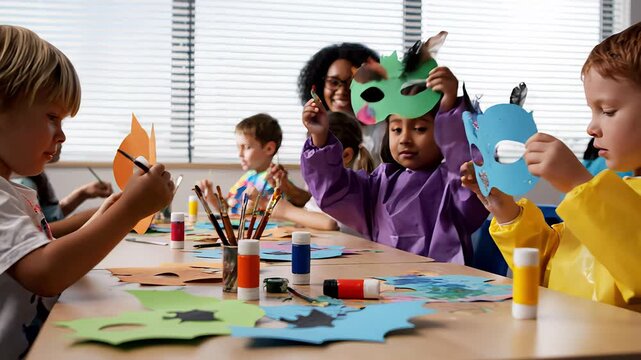 Preschool children working together with teacher, creating colorful masks at classroom table, developing artistic skills and creativity through engaging group art project