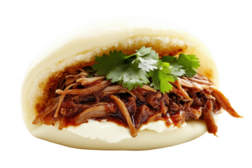 Delicious asian style steamed bao bun filled with tender pulled pork and fresh herbs transparent