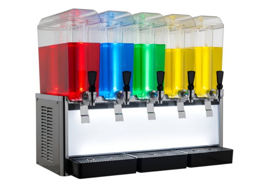 Colorful beverage dispenser with various colored drinks displayed against a black background, showcasing a modern and sleek design.