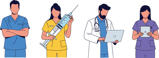 Doctors and nurses team, medical professionals in scrubs with syringe laptop and clipboard, healthcare staff, vector illustration