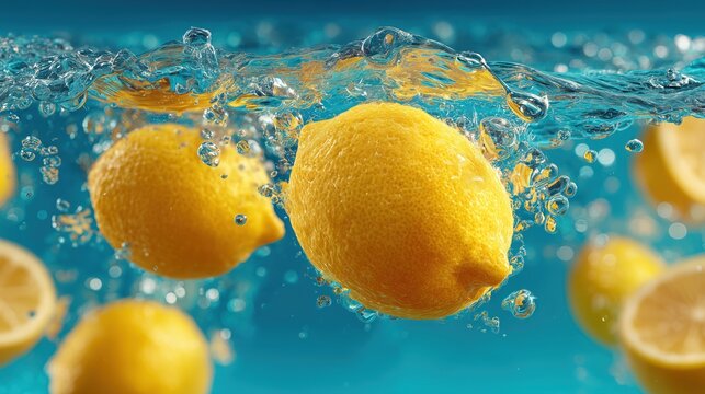 Lemons in Water with Bubbles for Beverage Design, Summer Themes, and Fresh Visuals