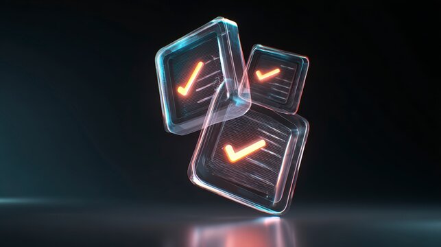 Abstract glowing 3D checklist blocks with bright check marks floating on dark futuristic background representing productivity, efficiency, organization, workflow management and achievement process for