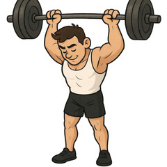 Naklejka premium Confident Cartoon Weightlifter Raises Barbell in Energetic Display of Strength