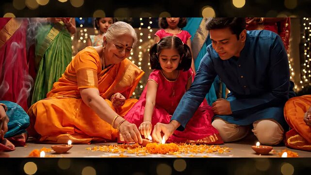 Family members dressed in traditional attire gathering for diwali, lighting oil lamps on colorful rangoli decorated with flower petals, celebrating cultural heritage and togetherness