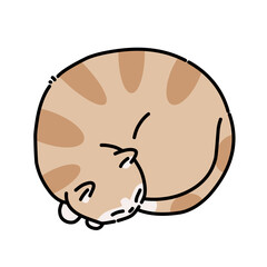 Cute cartoon tabby cat curled up sleeping in cozy ball. Adorable feline illustration, peaceful pet vector artwork for decoration. 