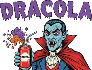 Colorful cartoon vampire drinking soda from can, Dracola parody, spooky Halloween beverage concept, vibrant pop art style, humor illustration design
