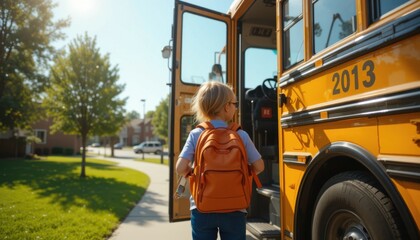 A photo from behind of a child with a backpack, stepping onto a big yellow school bus, on a sunny morning.