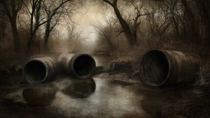 Industrial Pipes in a Misty, Eerie Landscape with Bare Trees and Reflections