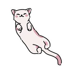Cartoon pink-spotted white cat floating in relaxed pose with smiling face. Cute playful illustration of adorable domestic pet for design use.