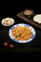 Handmade Asian Fried Noodles with Fresh Ingredients on Traditional Porcelain Plate Food Photography