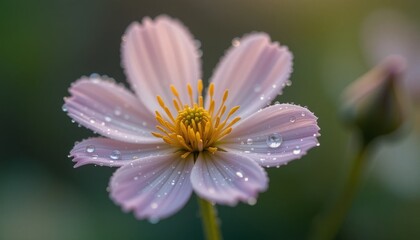 Obraz premium A humble wildflower, glistening with dewdrops, photographed with the same precision and reverence as a prize-winning rose. The image highlights its intricate details and perfect form.
