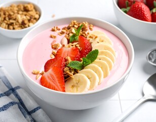 Pink yogurt parfait with granola, strawberries, and banana