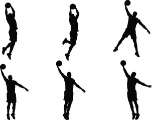 PrintBasketball player silhouette jumping and dunking, sports vector illustration, athletic man with ball in motion, basketball action poses