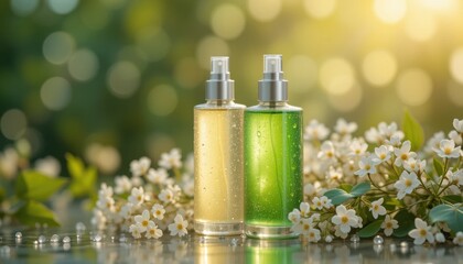 Two elegant glass bottles of cosmetic products (one clear with a light yellow liquid, one green with a green liquid) standing on a reflective surface