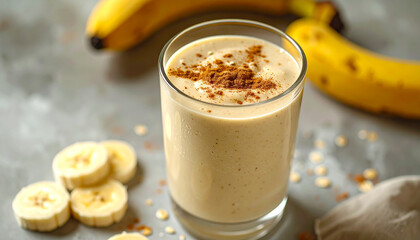 Smooth banana oat smoothie in glass, sprinkled cinnamon on top. Tasty drink. Morning energy boost