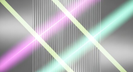 Abstract background with intersecting neon light beams in pink and green over a textured silver surface