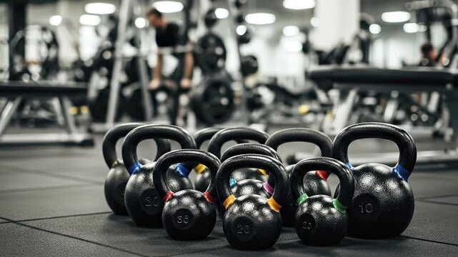 A row of black kettlebells with colored weight markers rests on a gym floor with blurred fitness equipment and people exercising in the background