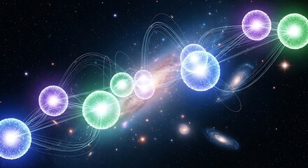 Abstract visualization of interconnected glowing orbs and cosmic nebulae in deep space with galaxies