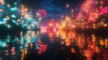 Fototapeta premium Fireworks Reflecting Over Water at Night