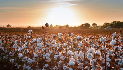 Fototapeta premium Sunlit Cotton Plants In A Vast Field At Sunset