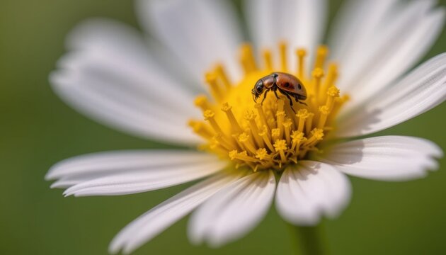 A macro shot of a small wildflower with a tiny insect, perhaps a bee or a ladybug, resting on it. The scene captures a moment of harmony and life, elevating the flower's status.