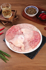 Fresh Raw Pork Belly and Meat Cuts with Spices on Wooden Background for Cooking