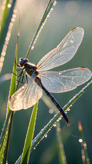 Dragonfly wings held out — translucent detail, backlight, soft greenery behind.