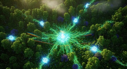 Topdown view of a dense forest canopy with a central bright blue light radiating green energy lines, forming a complex network across the trees
