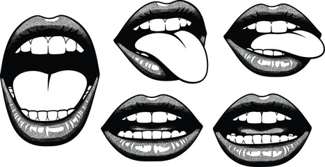Pop art lips and mouth expressions with tongue out teeth smile retro tattoo style, vector illustration