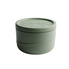 Round container sits elegantly with botanical leaf design on a Transparent Background nicely
