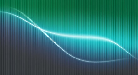 Abstract glowing blue wave flowing over a vertical green and blue digital grid background