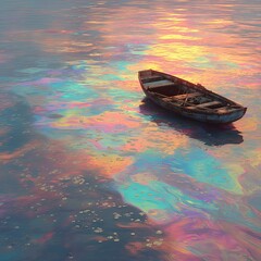 Serene Empty Boat on Colorful Water Surface at Sunset
