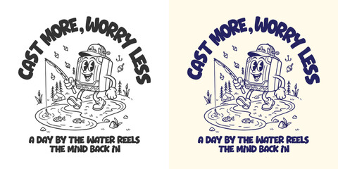 Vintage fishing design with angler, rod, and sea elements, expressing outdoor adventure and lifestyle passion.