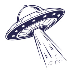 Retro style cartoon flying saucer ufo emitting a beam of light and energy with abstract cloud shapes below on a white background