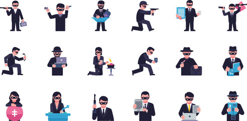Thief hacker cyber criminal fraudster set, robbery scam phishing and money theft activities, vector illustration
