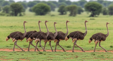 Ostriches in a line across savanna