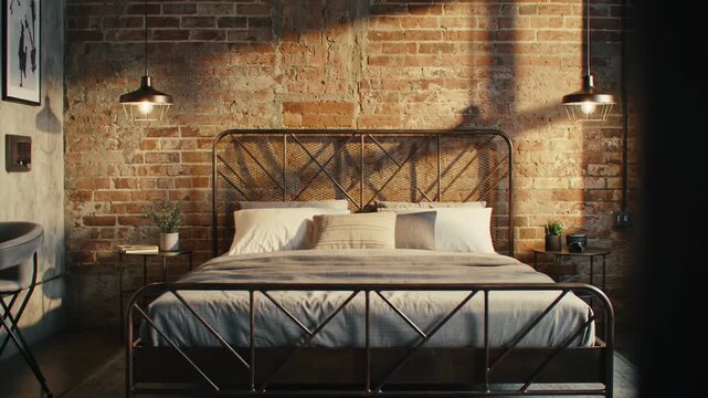 Cozy bedroom with brick wall and metal bed
