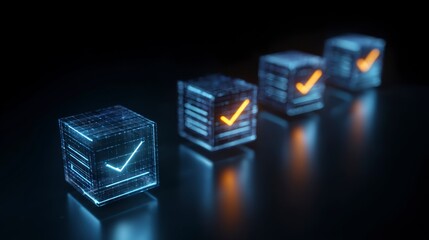 Abstract futuristic cubes with glowing check marks on dark digital background representing productivity, task management, workflow efficiency, business organization, strategy planning and achievement 