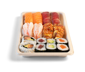 Assorted sushi resting in a takeaway container with transparent background