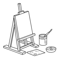 A simple black and white line drawing of an artists easel with a blank canvas, a jar of water, a paintbrush, and a paint palette