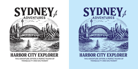 Naklejka premium Sydney Harbor city design with iconic bridge and sailboats, perfect for travel-inspired urban fashion graphics.